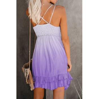 Purple Crochet V Neck Tie-dye Lace Mini Dress Sky Blue Pink